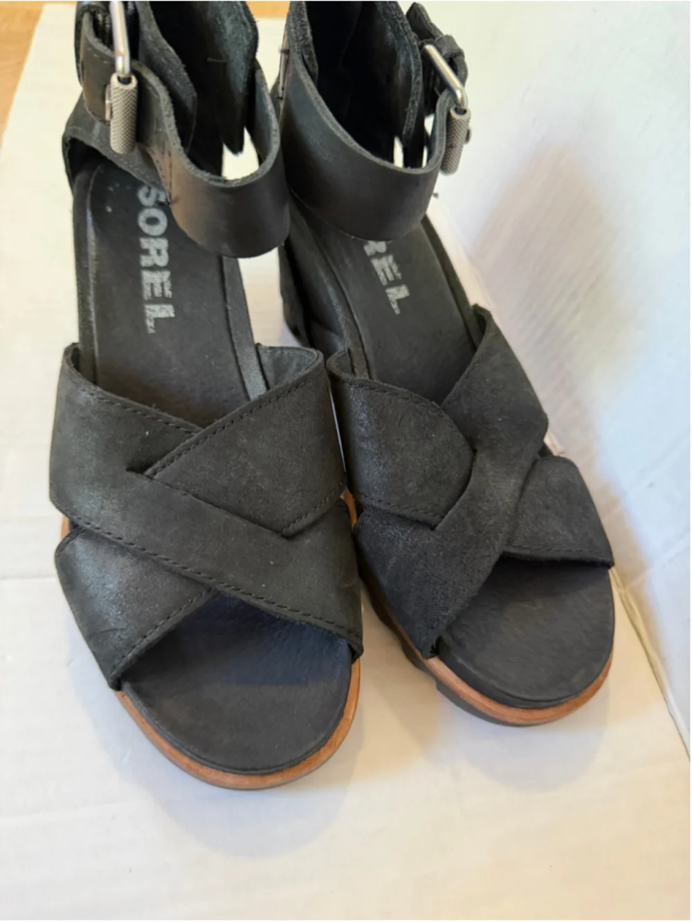 Sorel Joanie II Black Leather Ankle Strap Wedge Sandals Women’s Size 7